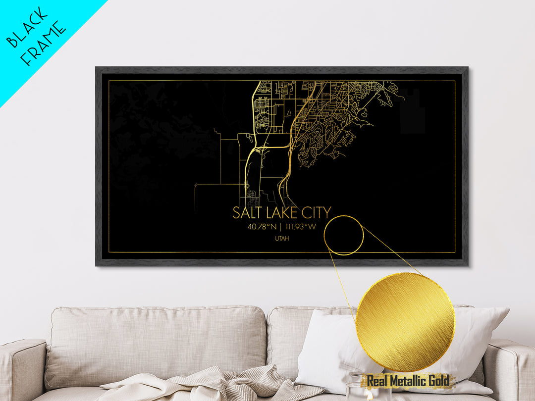 Salt Lake City Utah City street map, Metallic Gold Print, Metal Art, wood framed map, black and gold, Street Map Art, Best Friend Gifts