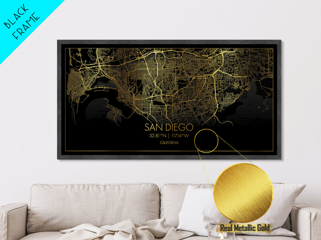 San Diego California City Poster, Metallic Gold Art, Metal Art, real wood frames, black and gold, Street Map Wall Art, Minimalist Wall Art
