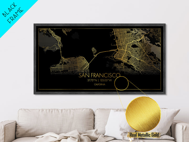San Francisco California City street map, Metallic Gold Print, Metal Art, wood framed map, black and gold, Street Map Art, Gold Street Map Art