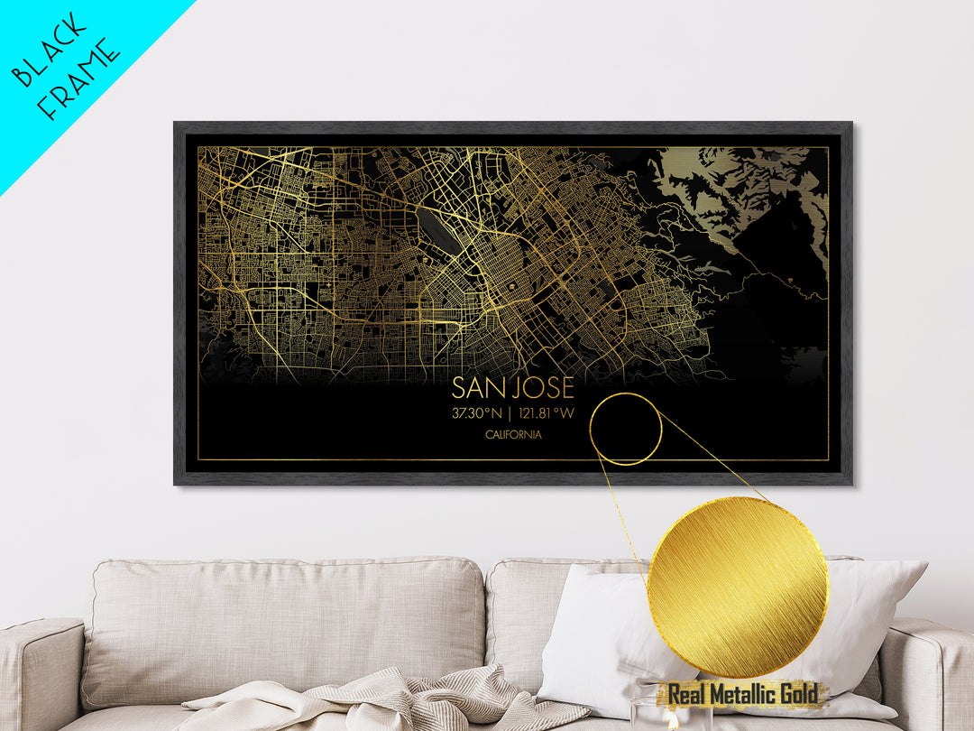 San Jose California City Poster, Metallic Gold Art, Metal Art, real wood frames, black and gold, Street Map Wall Art, Housewarming Gift