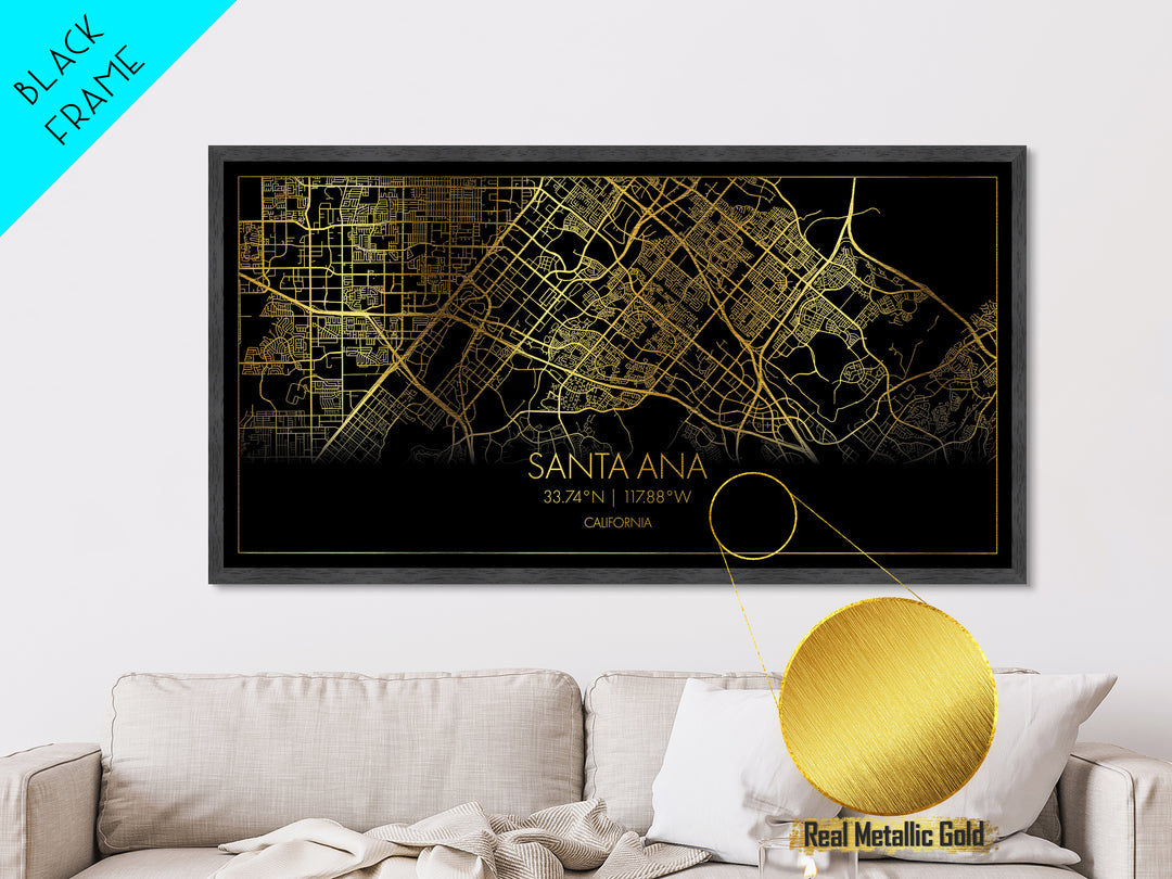 Santa Ana California City street map, Metallic Gold Print, Metal Art, wood framed map, black and gold, Street Map Art, Modern Wall Art