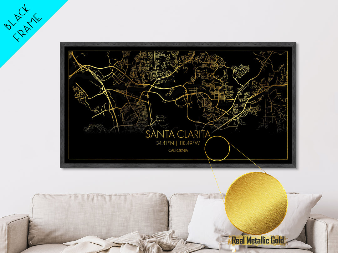 Santa Clarita California City Poster, Metallic Gold Art, Metal Art, real wood frames, black and gold, Street Map Wall Art, Real Wood Frames