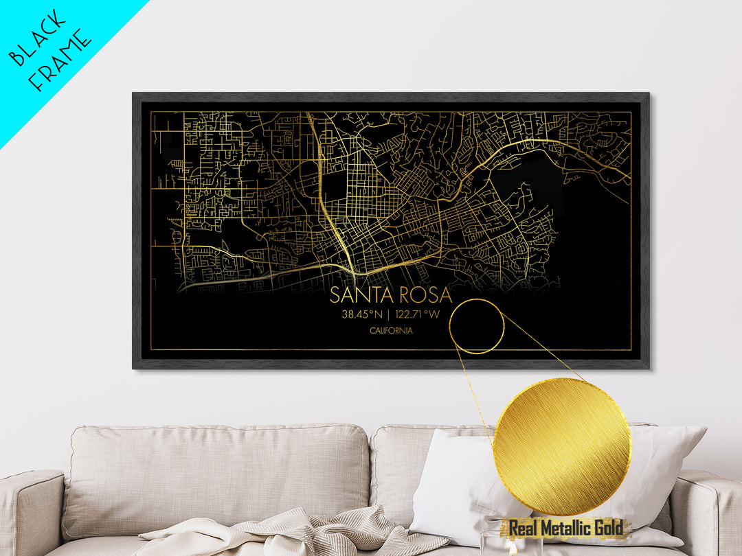 Santa Rosa California City street map, Metallic Gold Print, Metal Art, wood framed map, black and gold, Street Map Art, Minimalist Wall Art