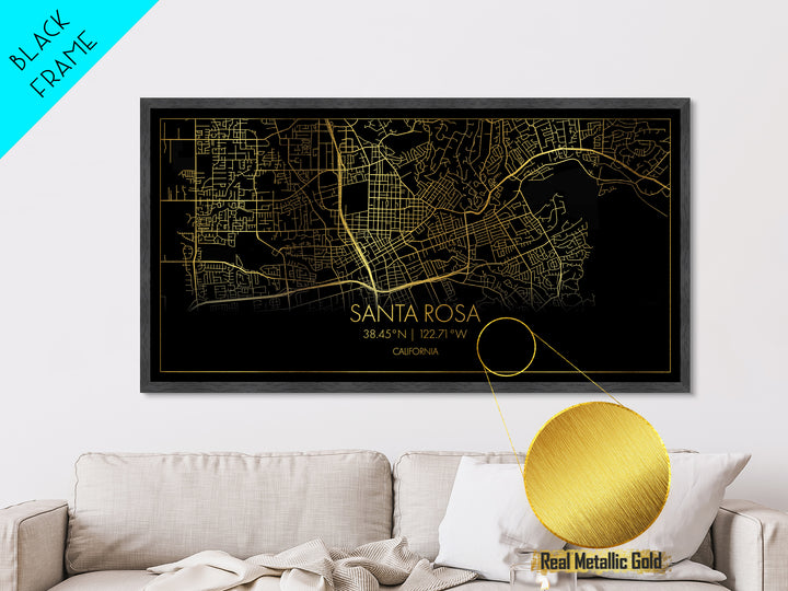 Santa Rosa California City street map, Metallic Gold Print, Metal Art, wood framed map, black and gold, Street Map Art, Minimalist Wall Art