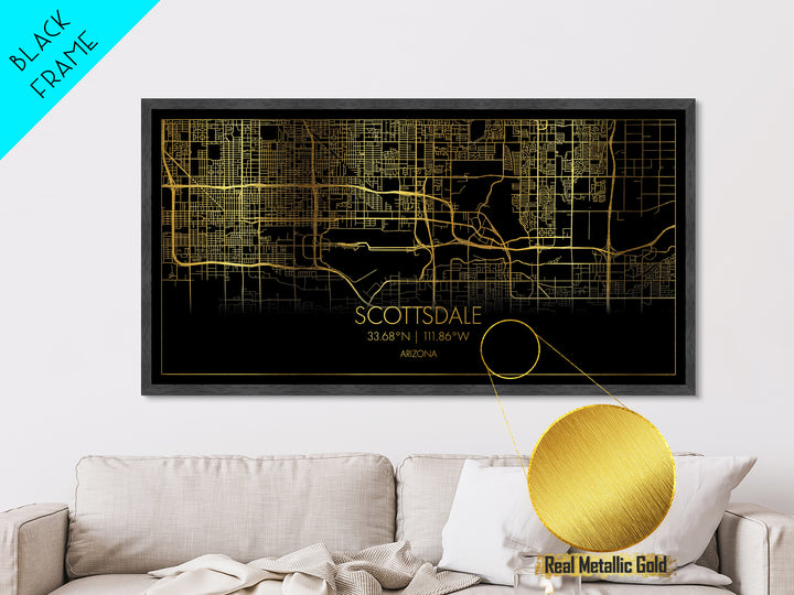 Scottsdale Arizona City Poster, Metallic Gold Art, Metal Art, real wood frames, black and gold, Street Map Wall Art, Map Art