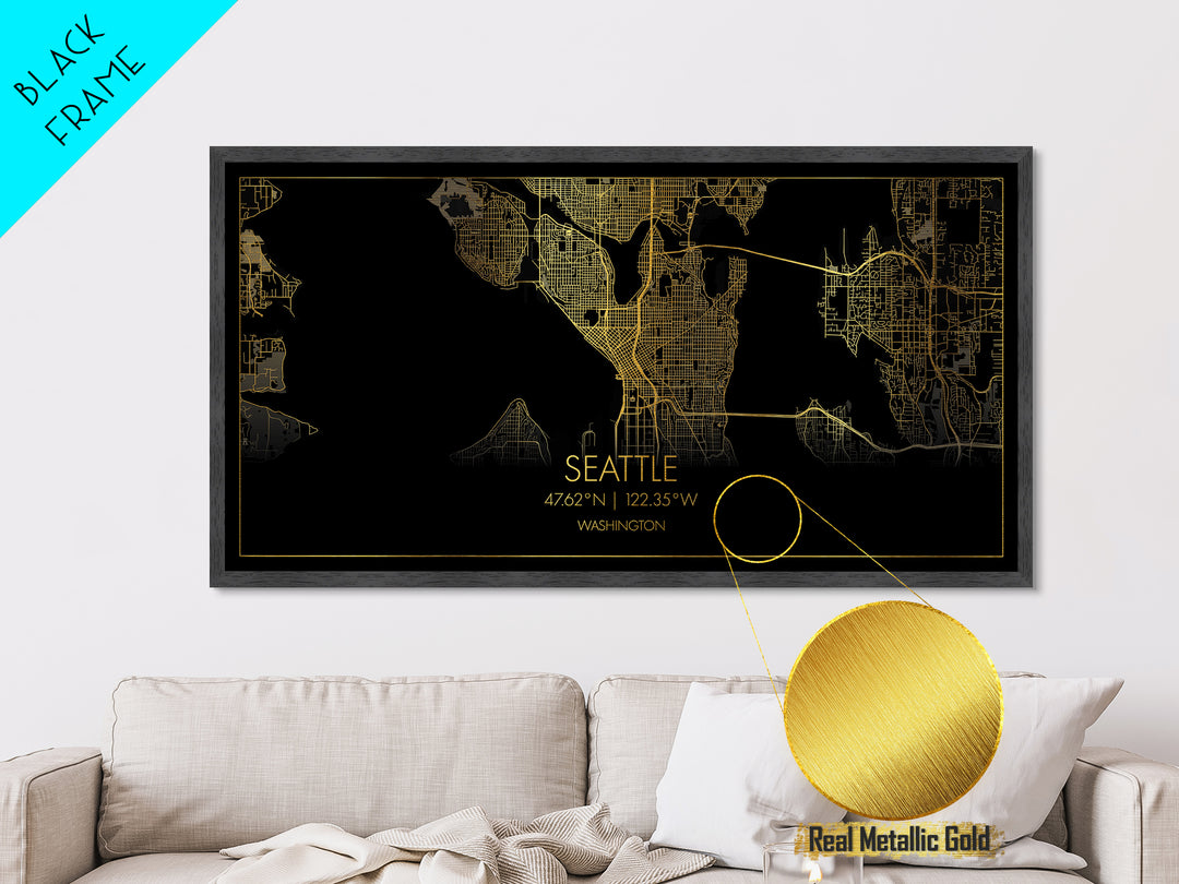 Seattle Washington City street map, Metallic Gold Print, Metal Art, wood framed map, black and gold, Street Map Art, Gold Street Map Art