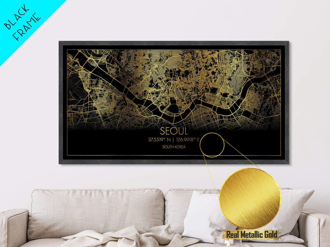 Seoul South Korea City Poster, Metallic Gold Art, Metal Art, real wood frames, black and gold, Street Map Wall Art, Office Decor