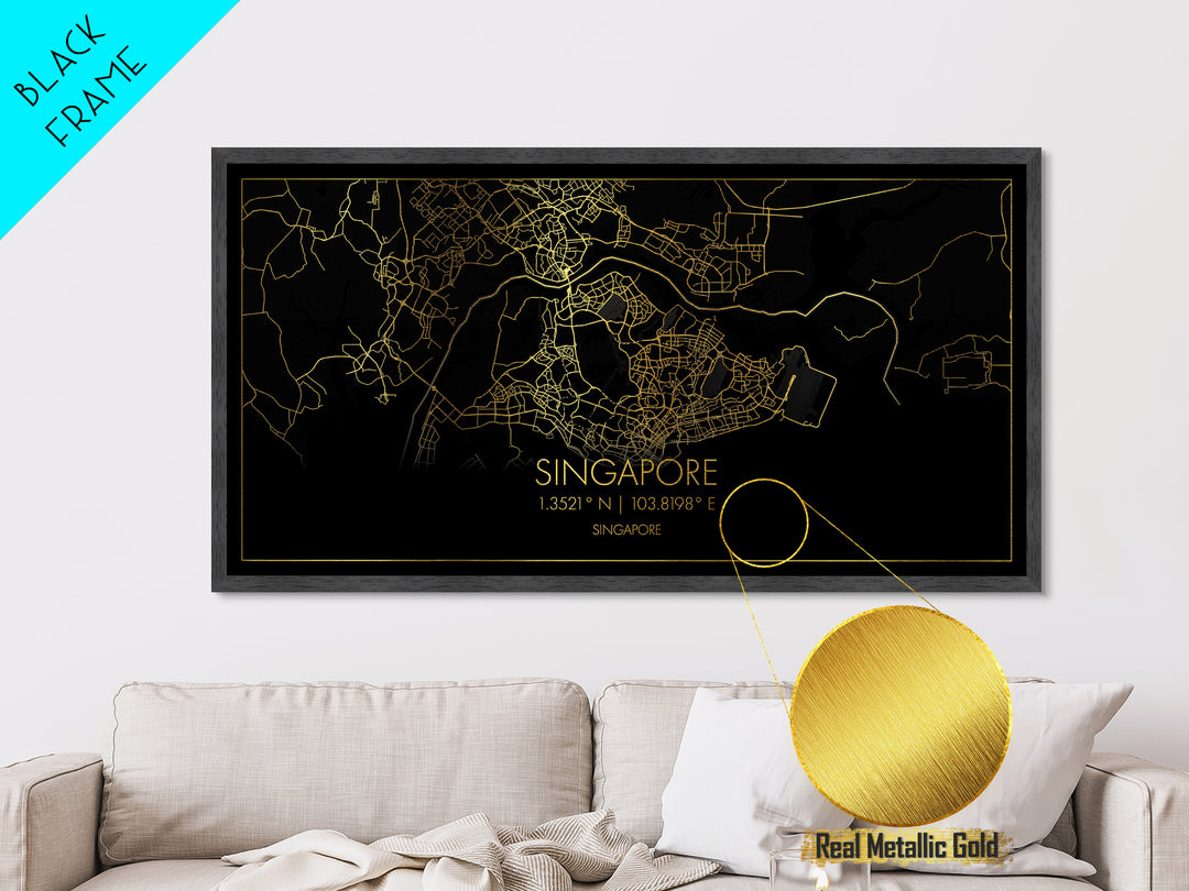 Singapore Singapore City Poster, Metallic Gold Art, Metal Art, real wood frames, black and gold, Street Map Wall Art, Housewarming Gift