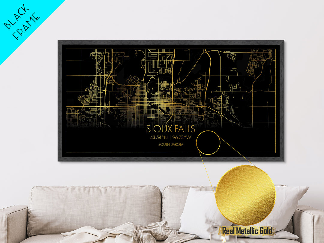 Sioux Falls South Dakota City street map, Metallic Gold Print, Metal Art, wood framed map, black and gold, Street Map Art, Best Friend Gifts