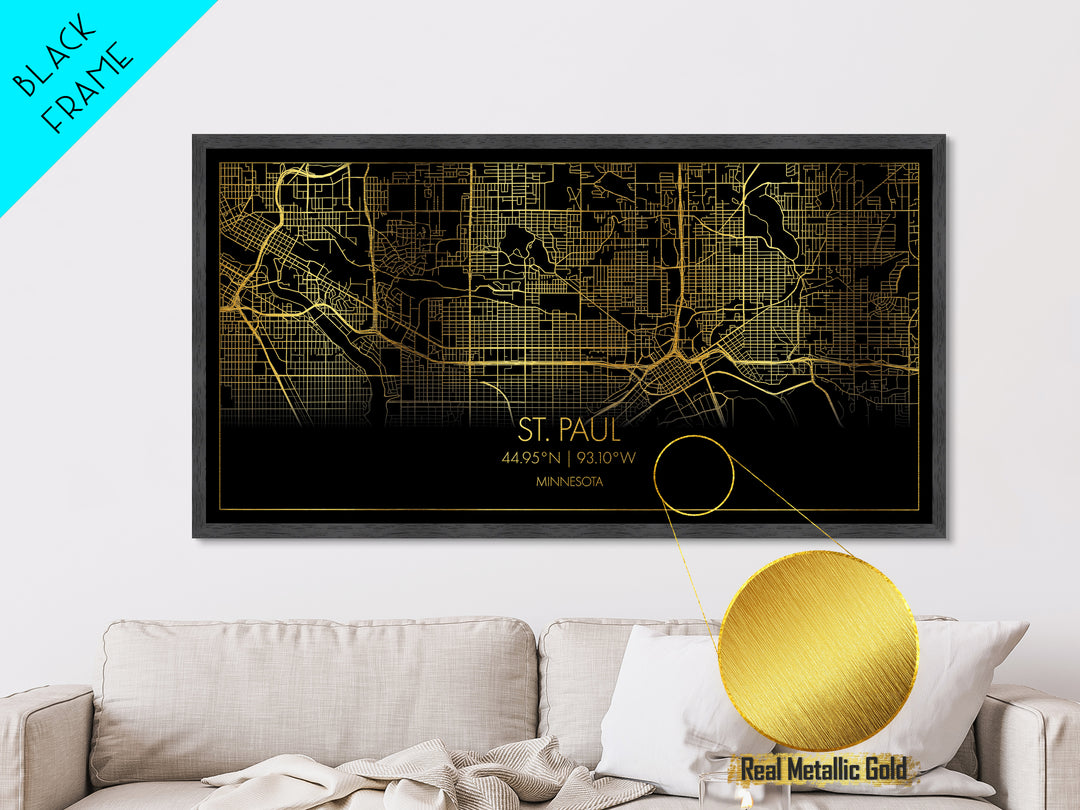 St. Paul Minnesota City Poster, Metallic Gold Art, Metal Art, real wood frames, black and gold, Street Map Wall Art, Map Art