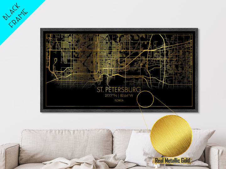 St. Petersburg Florida City street map, Metallic Gold Print, Metal Art, wood framed map, black and gold, Street Map Art, Real Wood Frames