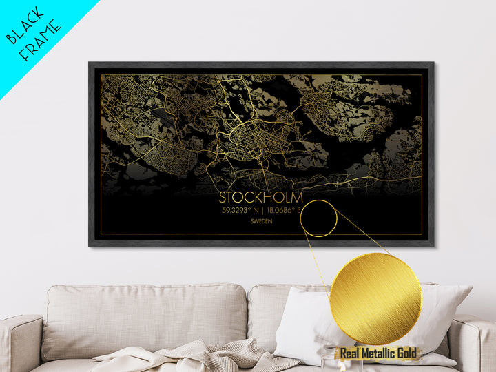 Stockholm Sweden City Poster, Metallic Gold Art, Metal Art, real wood frames, black and gold, Street Map Wall Art, Housewarming Gift