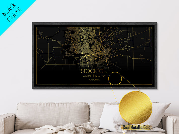 Stockton California City street map, Metallic Gold Print, Metal Art, wood framed map, black and gold, Street Map Art, Modern Wall Art