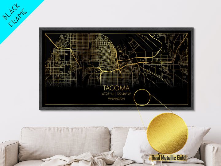 Tacoma Washington City Poster, Metallic Gold Art, Metal Art, real wood frames, black and gold, Street Map Wall Art, College Dorm Décor