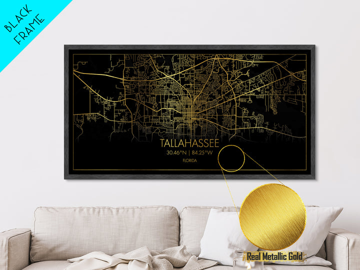 Tallahassee Florida City street map, Metallic Gold Print, Metal Art, wood framed map, black and gold, Street Map Art, Office Decor