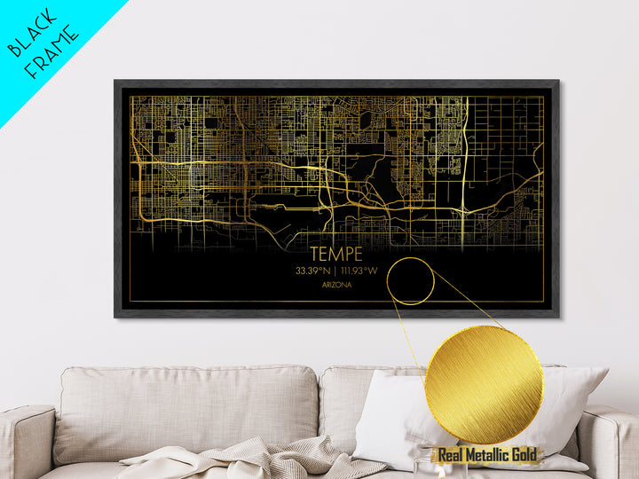 Tempe Arizona City street map, Metallic Gold Print, Metal Art, wood framed map, black and gold, Street Map Art, Modern Wall Art