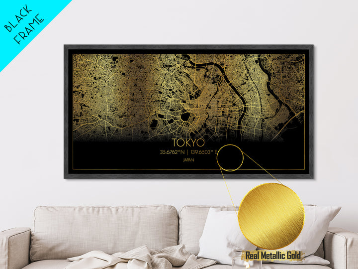 Tokyo Japan City Poster, Metallic Gold Art, Metal Art, real wood frames, black and gold, Street Map Wall Art, Minimalist Wall Art