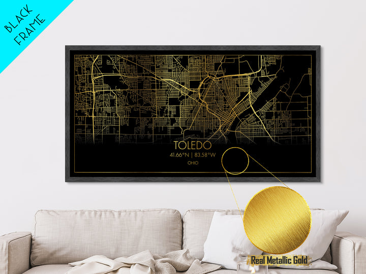 Toledo Ohio City street map, Metallic Gold Print, Metal Art, wood framed map, black and gold, Street Map Art, Gold Street Map Art