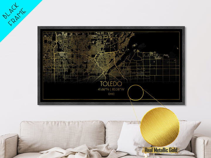 Toledo Ohio City Poster, Metallic Gold Art, Metal Art, real wood frames, black and gold, Street Map Wall Art, Real Wood Frames