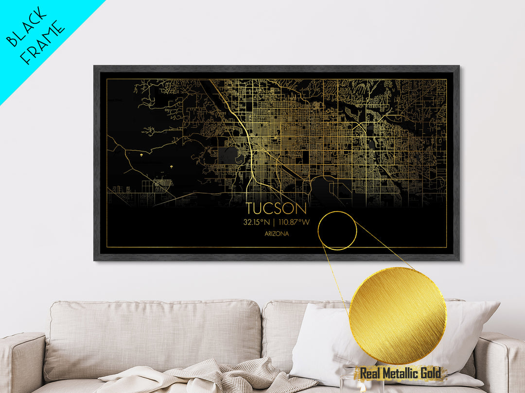 Tucson Arizona City street map, Metallic Gold Print, Metal Art, wood framed map, black and gold, Street Map Art, Housewarming Gift