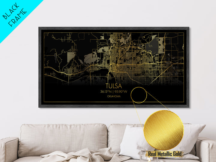 Tulsa Oklahoma City Poster, Metallic Gold Art, Metal Art, real wood frames, black and gold, Street Map Wall Art, Modern Wall Art
