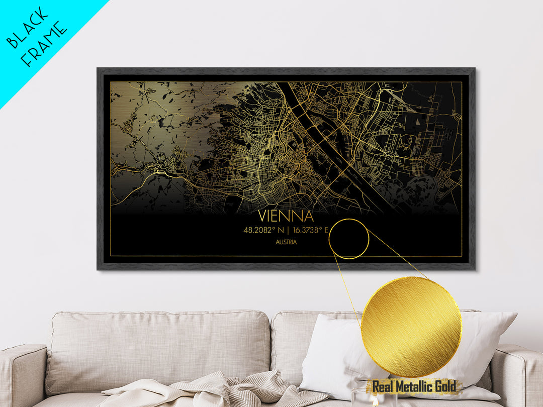 Vienna Austria City street map, Metallic Gold Print, Metal Art, wood framed map, black and gold, Street Map Art, Map Print Poster