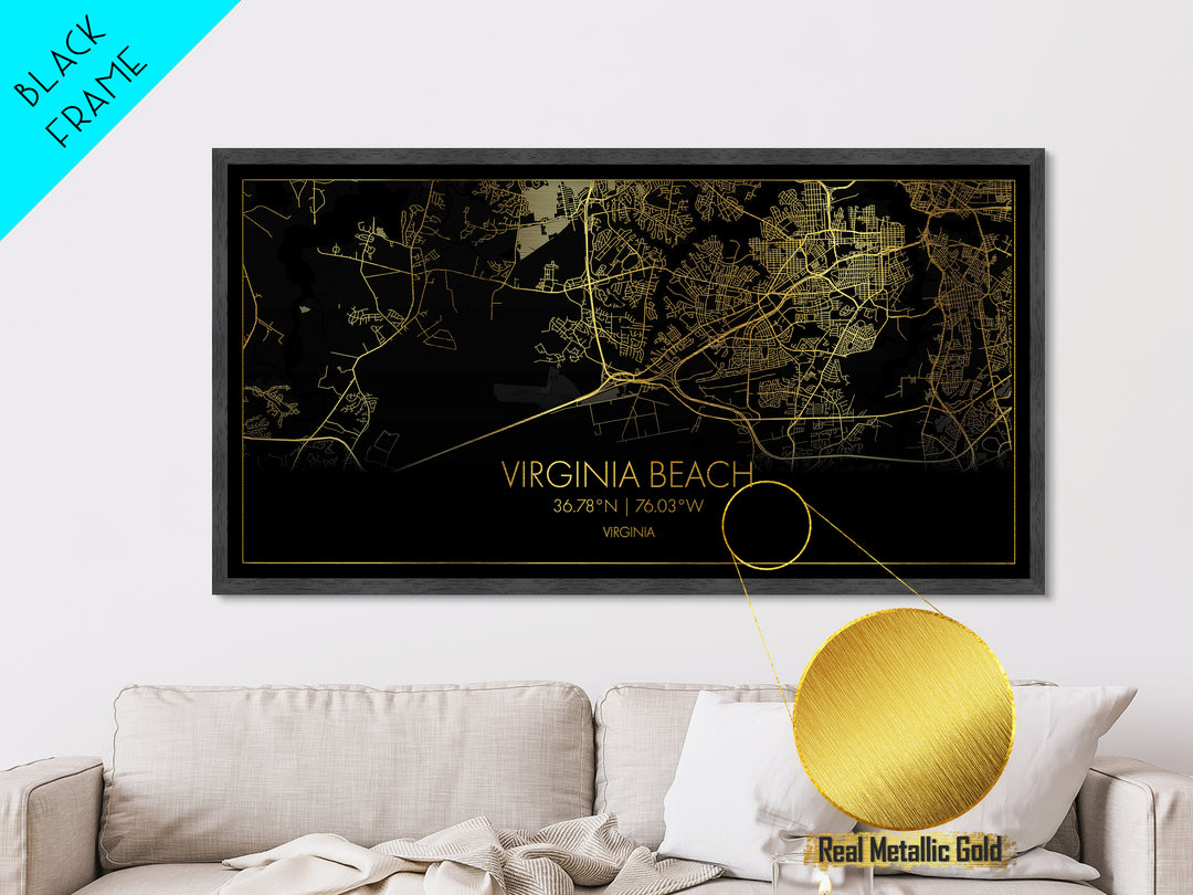 Virginia Beach Virginia City Poster, Metallic Gold Art, Metal Art, real wood frames, black and gold, Street Map Wall Art, Best Friend Gifts