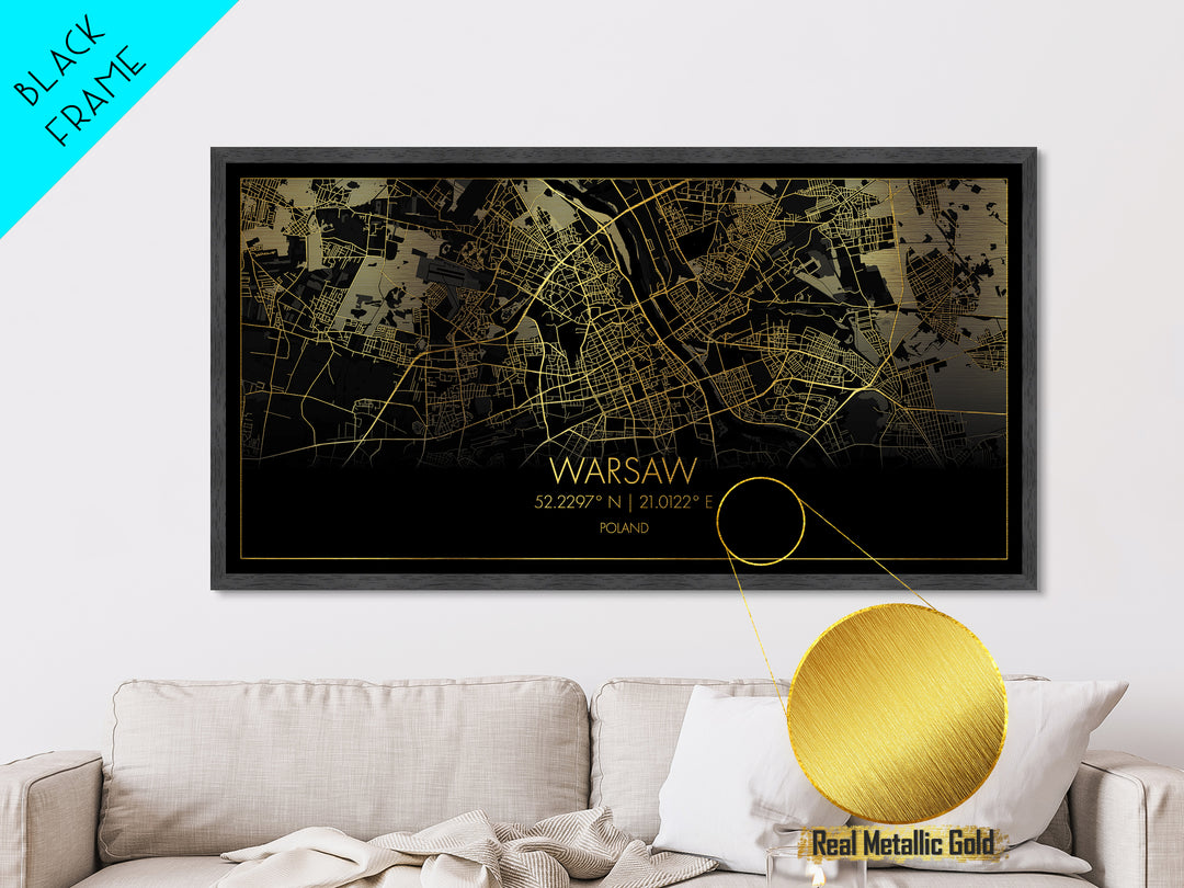 Warsaw Poland City street map, Metallic Gold Print, Metal Art, wood framed map, black and gold, Street Map Art, Real Wood Frames