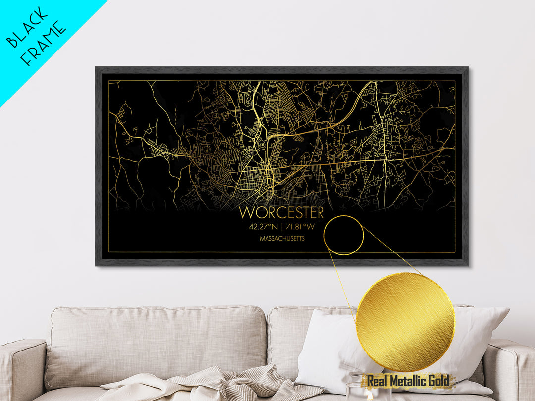 Worcester Massachusetts City street map, Metallic Gold Print, Metal Art, wood framed map, black and gold, Street Map Art, Modern Wall Art