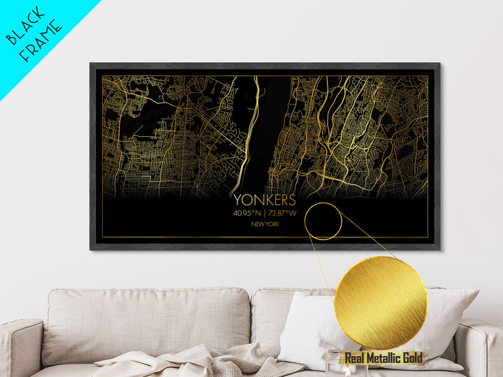 Yonkers New York City Poster, Metallic Gold Art, Metal Art, real wood frames, black and gold, Street Map Wall Art, Real Wood Frames