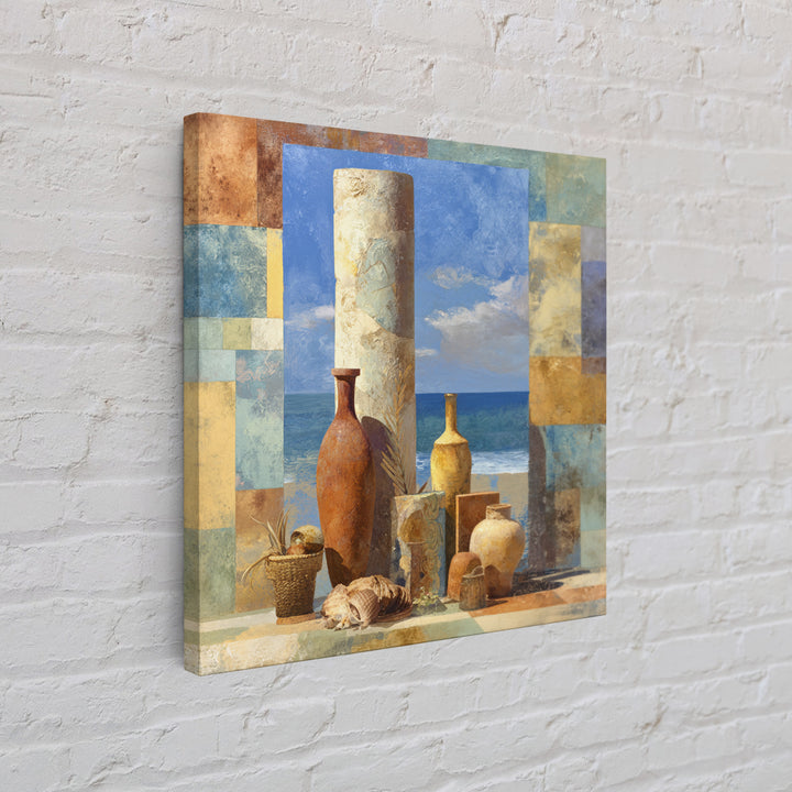 Ancient Column with Sea and Sky Beyond Framed Canvas Print, Mediterranean Art, Oil Painting, Living Room Decor, Fine Art, Azure, MAR-1x1-12