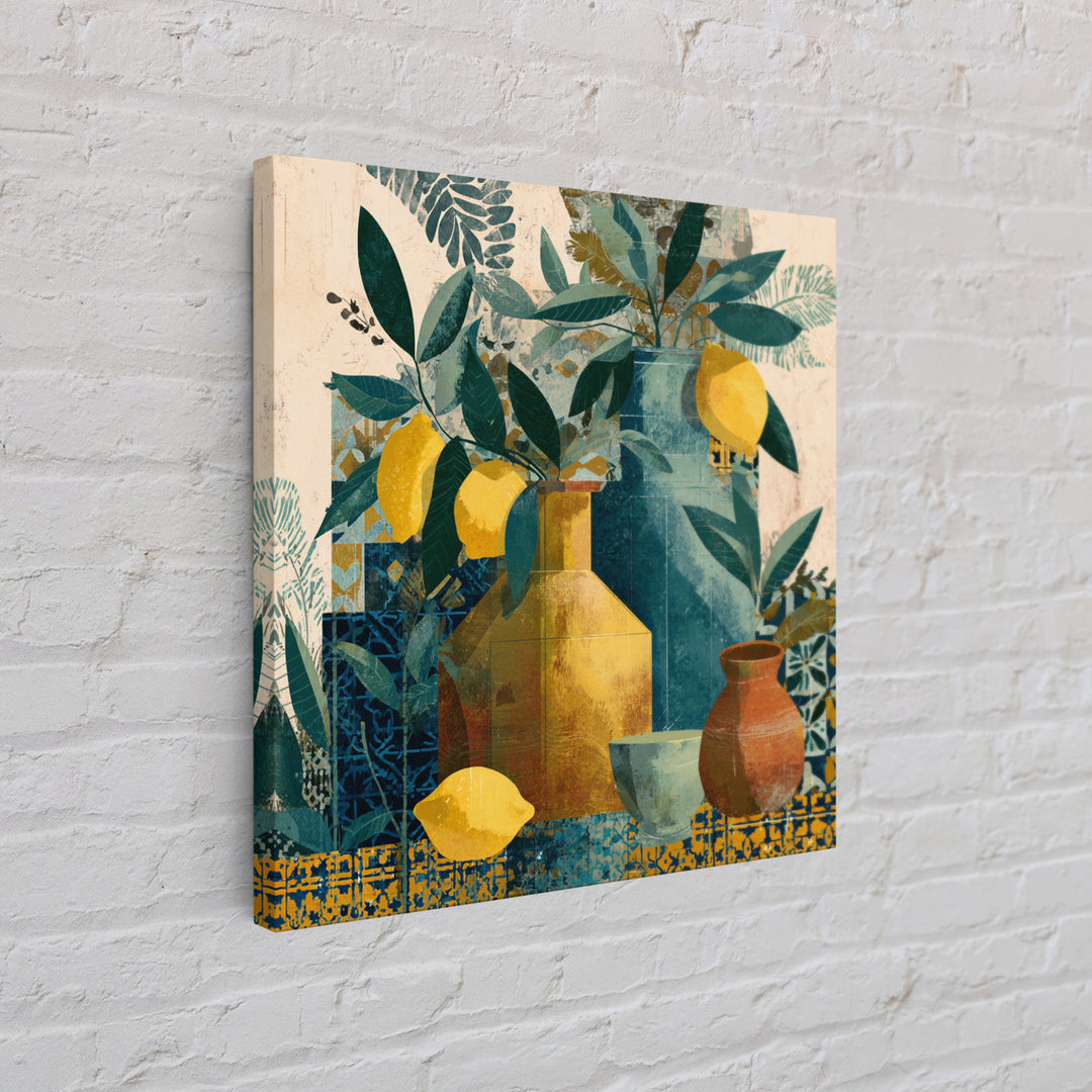 Olive Branch and Lemons on Terracotta Ground Canvas Print, Mediterranean Art, Minimalist Wall Art, Living Room Decor, Azure, MAR-1x1-26