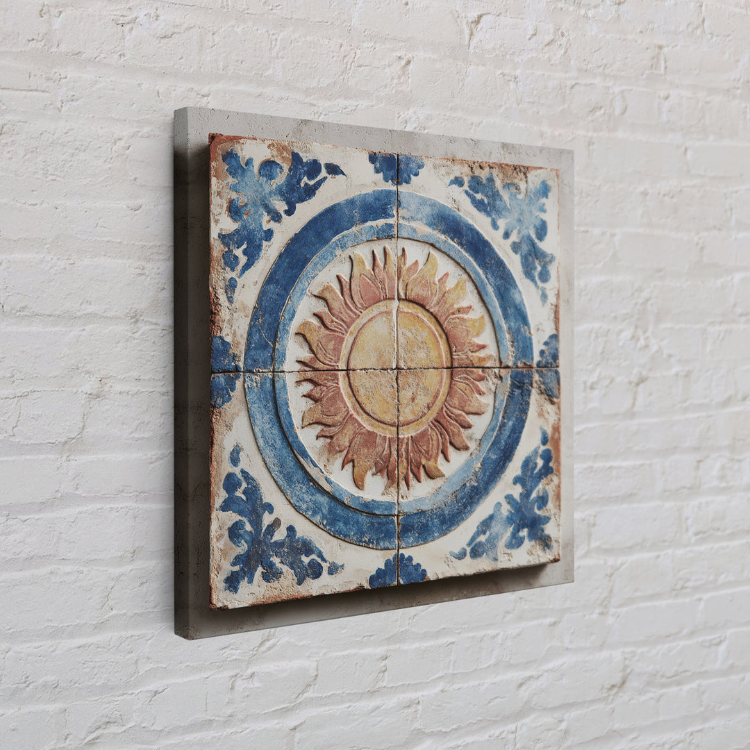 Blue and White Tile Pattern Framed Canvas Print, Mediterranean Art, Digital Print, Living Room Decor, Oil Painting, Azure, MAR-1x1-28