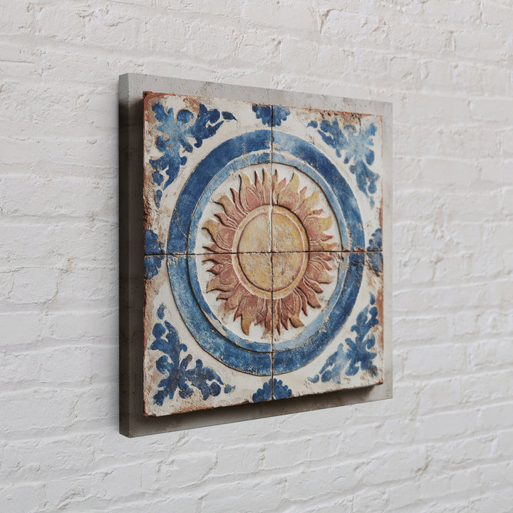 Blue and White Tile Pattern Framed Canvas Print, Mediterranean Art, Digital Print, Living Room Decor, Oil Painting, Azure, MAR-1x1-28