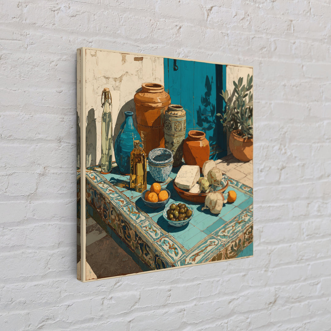Figs Olives and Cheese Still Life Framed Canvas Print, Mediterranean Art, Gallery Decor, Living Room Decor, Fine Art, Azure, MAR-1x1-32