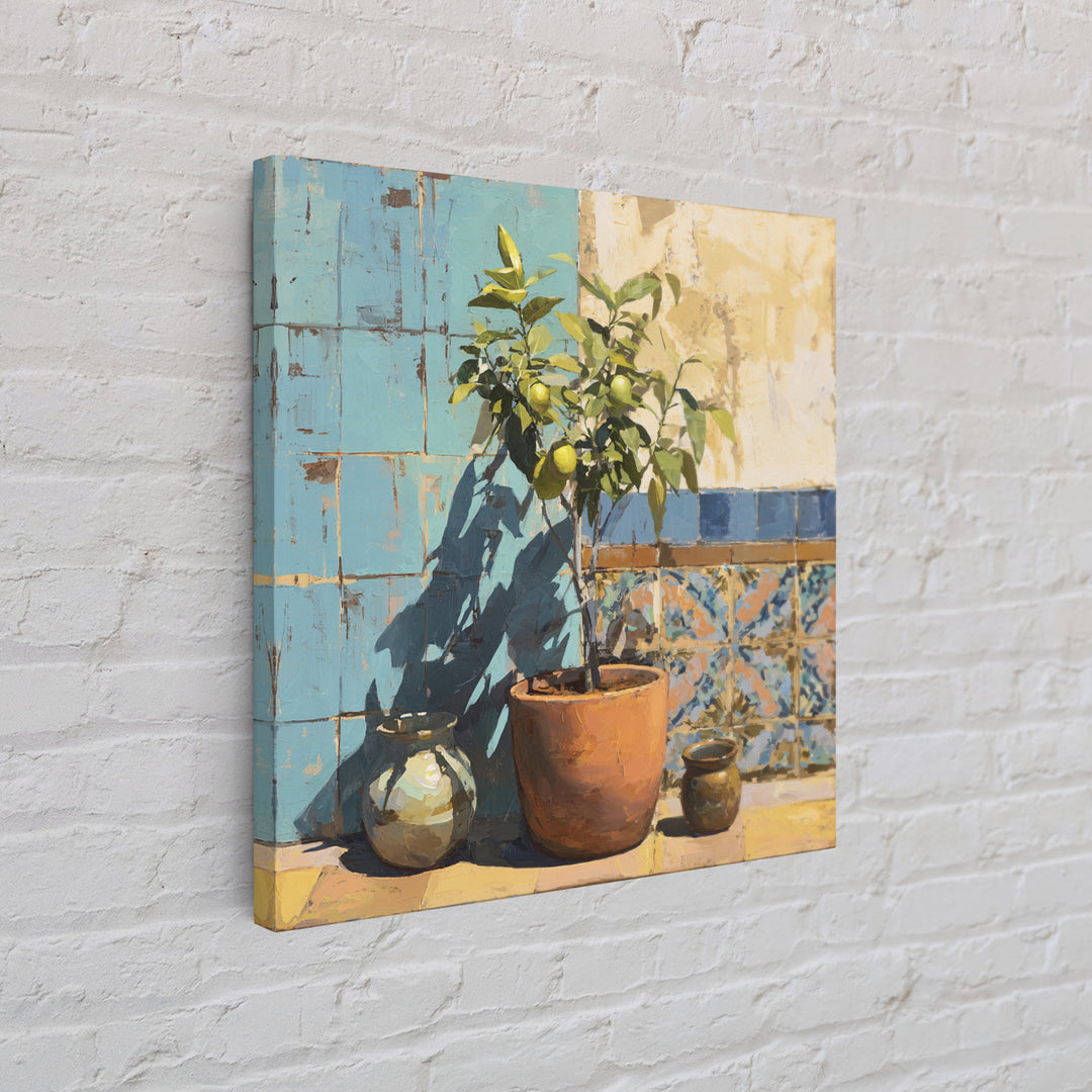 Citrus Tree in Clay Pot Framed Canvas Print, Mediterranean Art, Landscape Painting, Living Room Decor, Watercolor Art, Azure, MAR-1x1-34