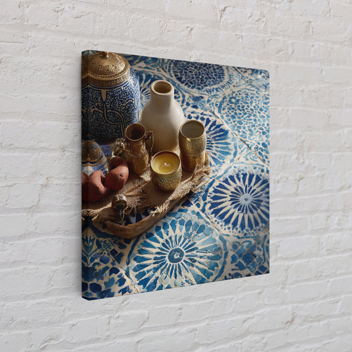 Blue and White Tile Pattern Canvas Print, Mediterranean Art, Printable Wall Art, Living Room Decor, Watercolor Art, Azure, MAR-1x1-4