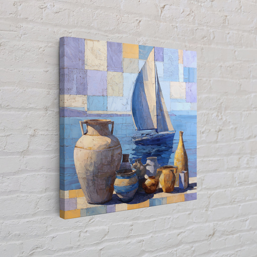 Mediterranean Sailboat on Glassy Water Framed Canvas Print, Mediterranean Art, Watercolor Art, Living Room Decor, Abstract Art, MAR-1x1-42