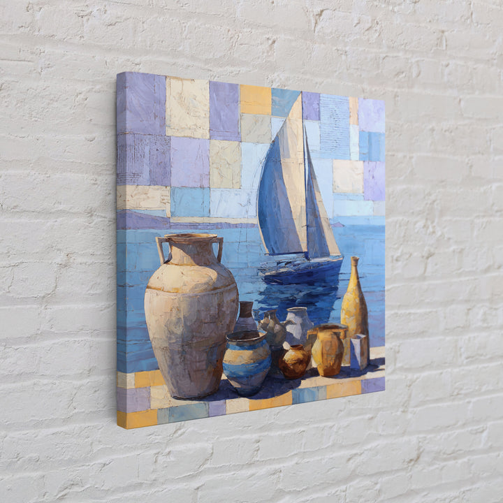 Mediterranean Sailboat on Glassy Water Framed Canvas Print, Mediterranean Art, Watercolor Art, Living Room Decor, Abstract Art, MAR-1x1-42