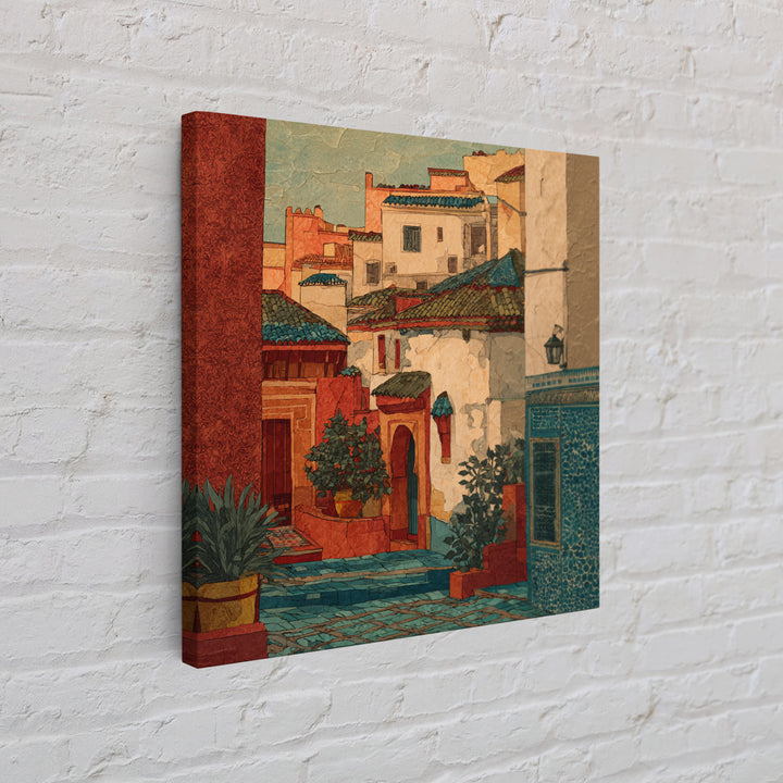 Sunset over Red Tiled Rooftops Framed Canvas Print, Mediterranean Art, Watercolor Painting, Living Room Decor, Fine Art, Azure, MAR-1x1-47