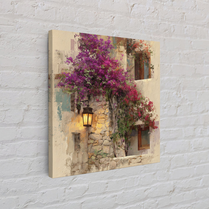 Bougainvillea Cascading over Stone Wall Canvas Print, Mediterranean Art, Landscape Painting, Living Room Decor, Fine Art, Azure, MAR-1x1-5