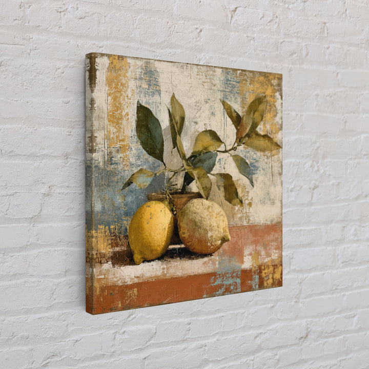 Olive Branch and Lemons on Terracotta Ground Canvas Print, Mediterranean Art, Minimalist Wall Art, Living Room Decor, Azure, MAR-1x1-50