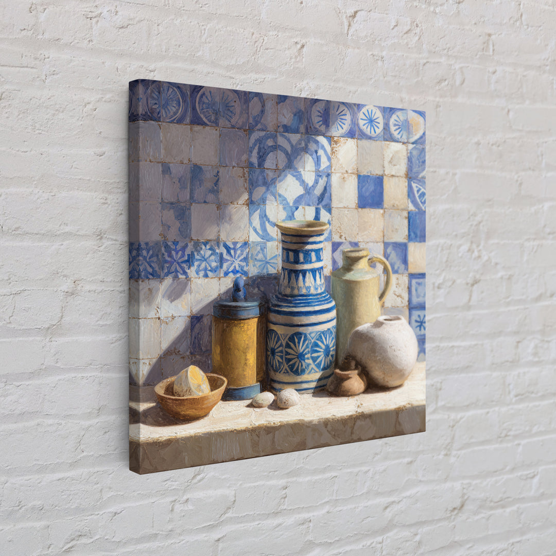 Blue and White Tile Pattern Framed Canvas Print, Mediterranean Art, Watercolor Art, Living Room Decor, Fine Art, Azure, MAR-1x1-52