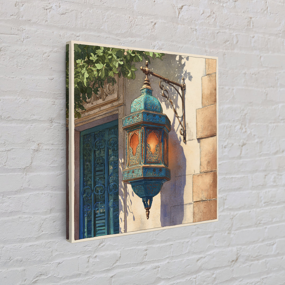 Moroccan Influenced Lantern Framed Canvas Print, Mediterranean Art, Living Room Art, Living Room Decor, Abstract Art, Azure, MAR-1x1-57