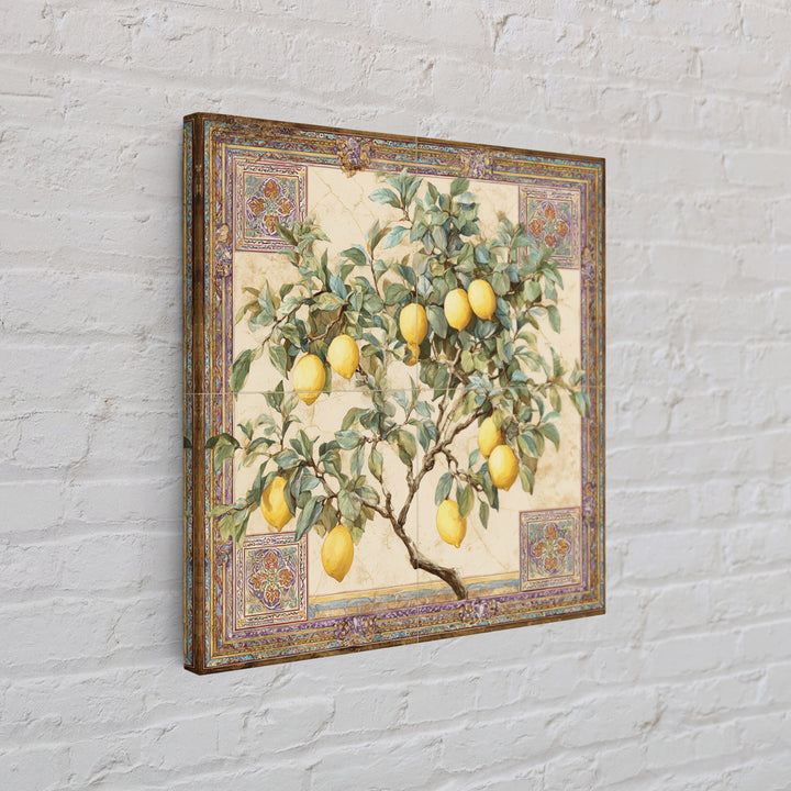 Sicilian Lemon Branch on Ivory Background Framed Canvas Print, Mediterranean Art, Gallery Wall Art, Living Room Decor, Azure, MAR-1x1-61