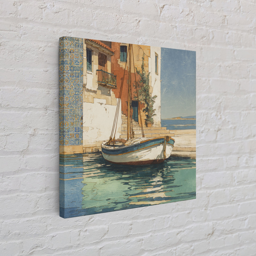 Mediterranean Sailboat on Glassy Water Framed Canvas Print, Mediterranean Art, Watercolor Art, Living Room Decor, Abstract Art, MAR-1x1-66