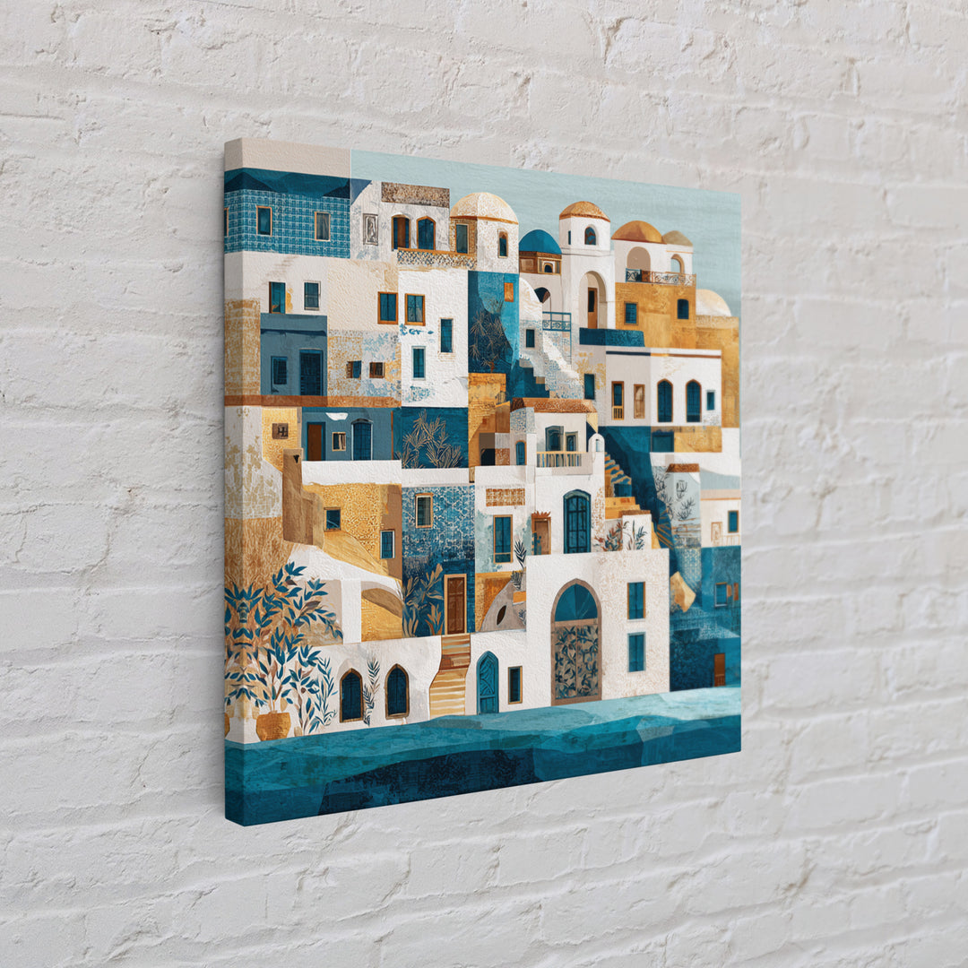 Greek Island White Buildings Above Blue Sea Canvas Print, Mediterranean Art, Neutral Decor, Living Room Decor, Azure, MAR-1x1-73