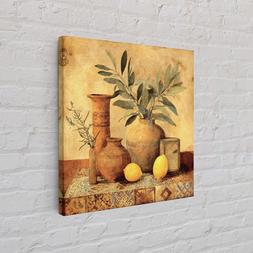 Olive Branch and Lemons on Terracotta Ground Canvas Print, Mediterranean Art, Downloadable Art, Living Room Decor, Azure, MAR-1x1-74