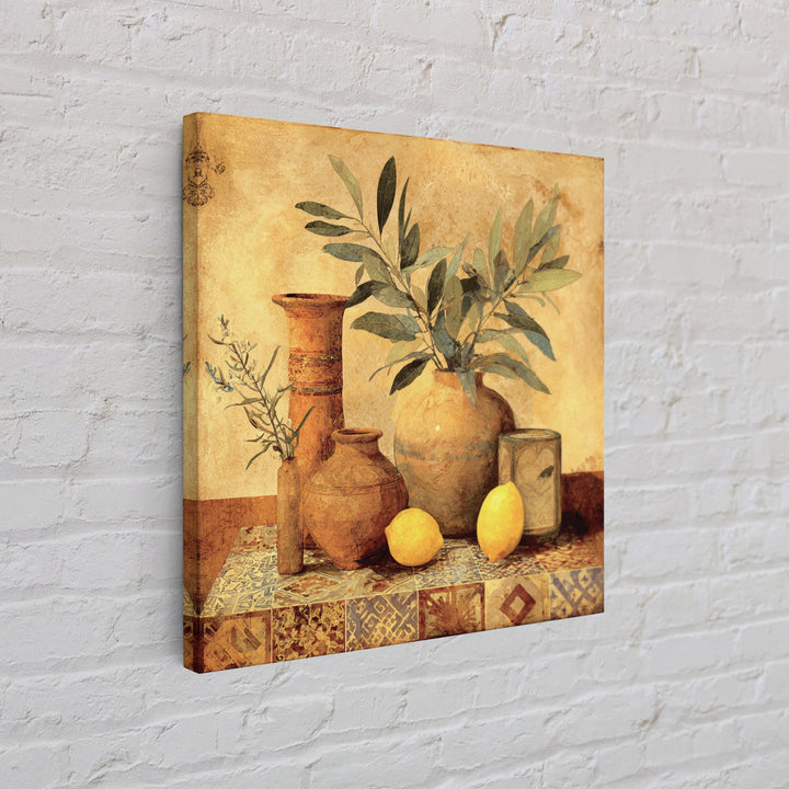 Olive Branch and Lemons on Terracotta Ground Canvas Print, Mediterranean Art, Downloadable Art, Living Room Decor, Azure, MAR-1x1-74