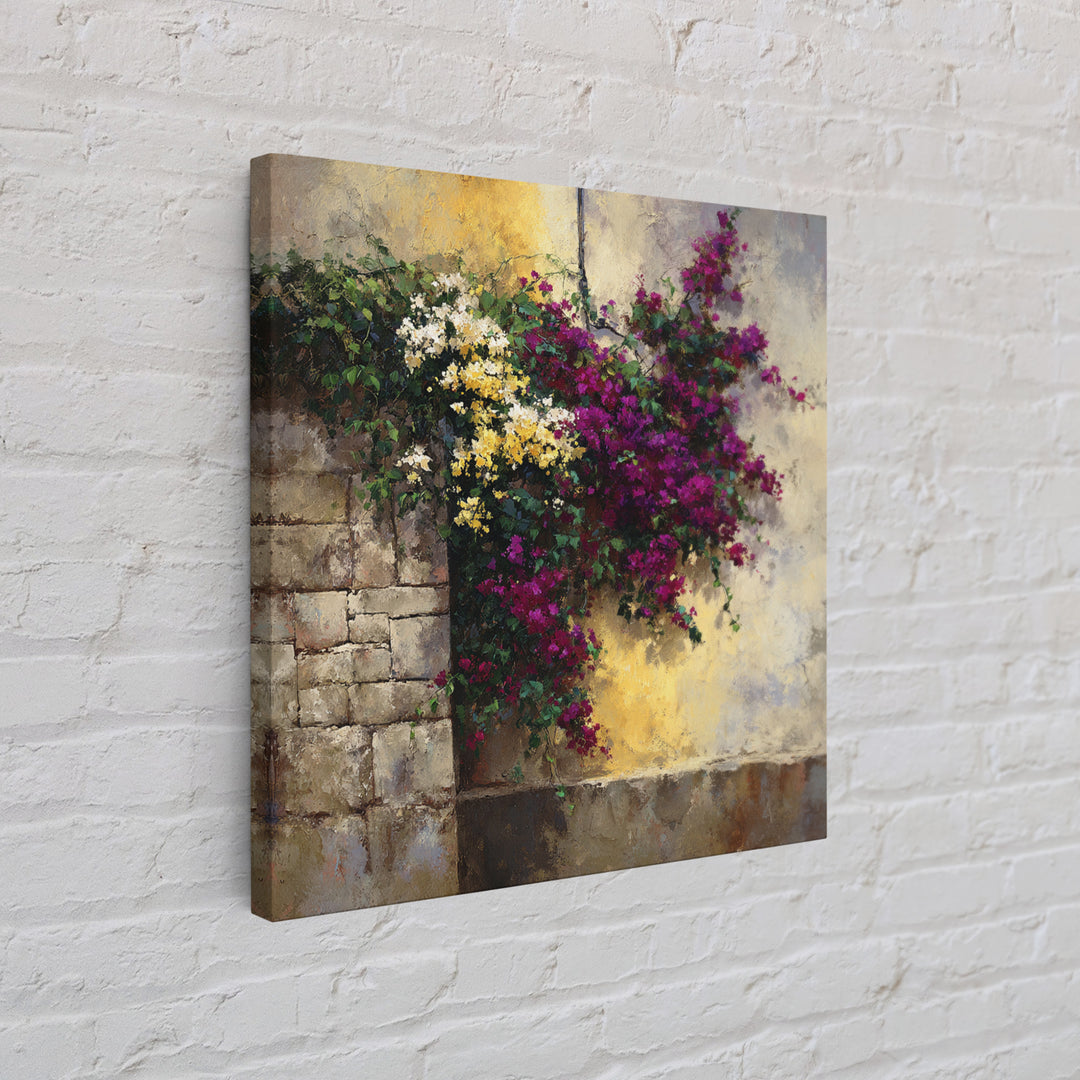 Bougainvillea Cascading over Stone Wall Canvas Print, Mediterranean Art, Modern Decor, Living Room Decor, Fine Art, Azure, MAR-1x1-77